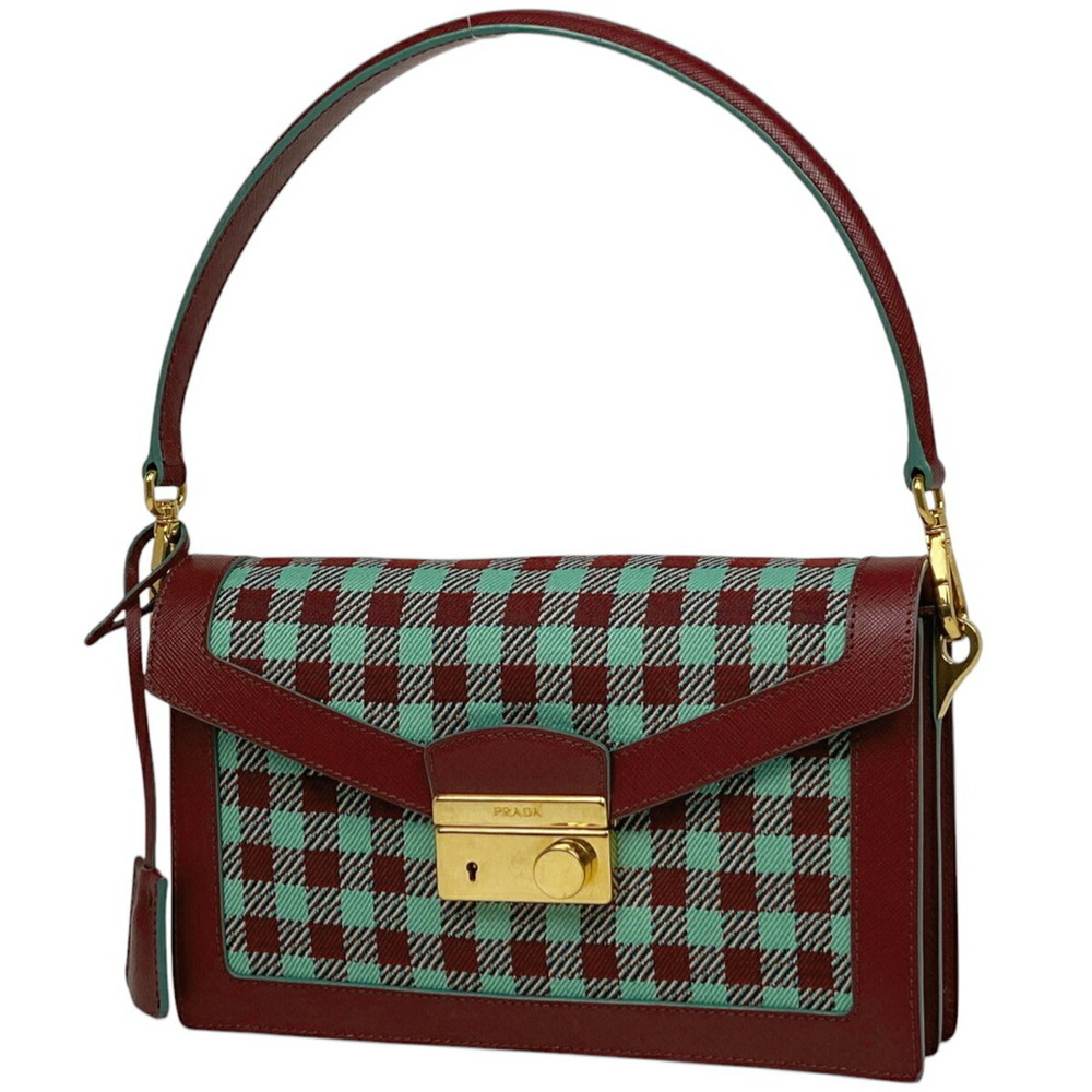 Prada Check Handbag Logo Shoulder Bag Jacquard Leather Bordeaux Red